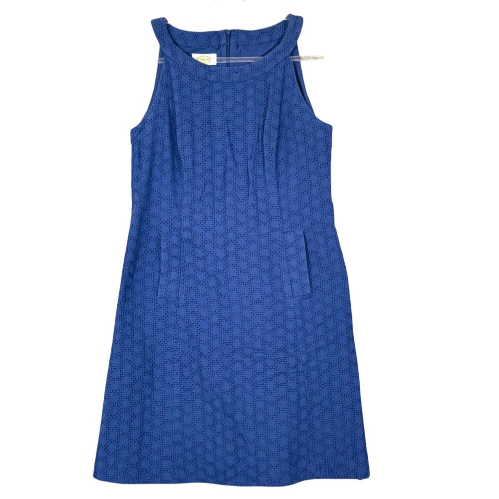 TALBOTS Eyelet Lace Sleeveless Shift Dress Navy Blue Pockets Sz 12 Preppy Work